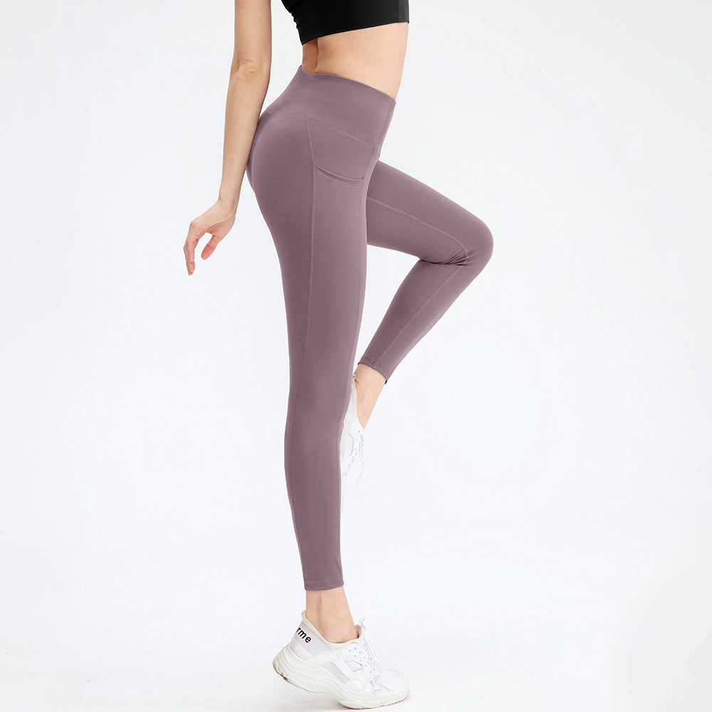 Double-Sided Brocade Nude Feel Yoga Pants Women Pocket High Waist Shaping Exercise Workout Pant