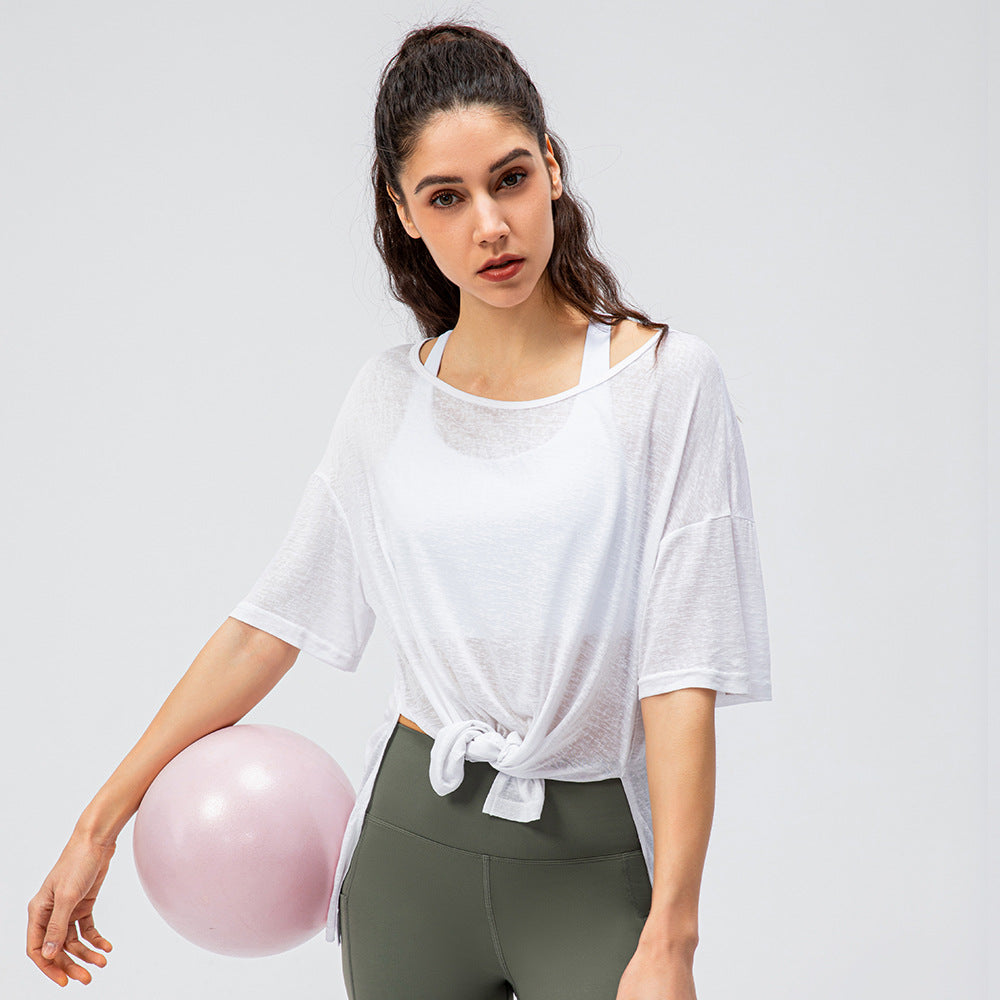 Spring Summer Women Loose Exercise Blouse Lightweight Breathable Running T-shirt Split Quick-Drying Yoga Short Sleeve
