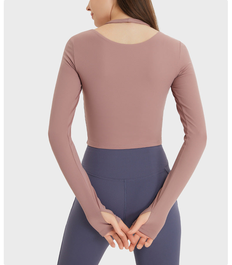 Haut dos nu à manches longues pour femme, coupe slim, effet nude brossé, idéal pour le fitness et le yoga