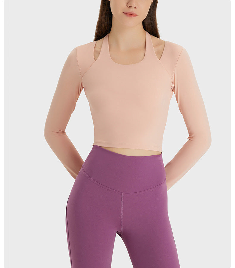 Haut dos nu à manches longues pour femme, coupe slim, effet nude brossé, idéal pour le fitness et le yoga