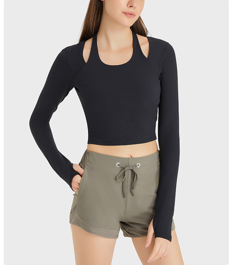 Haut dos nu à manches longues pour femme, coupe slim, effet nude brossé, idéal pour le fitness et le yoga