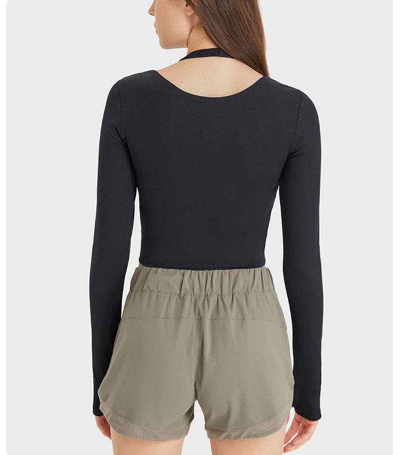 Haut dos nu à manches longues pour femme, coupe slim, effet nude brossé, idéal pour le fitness et le yoga