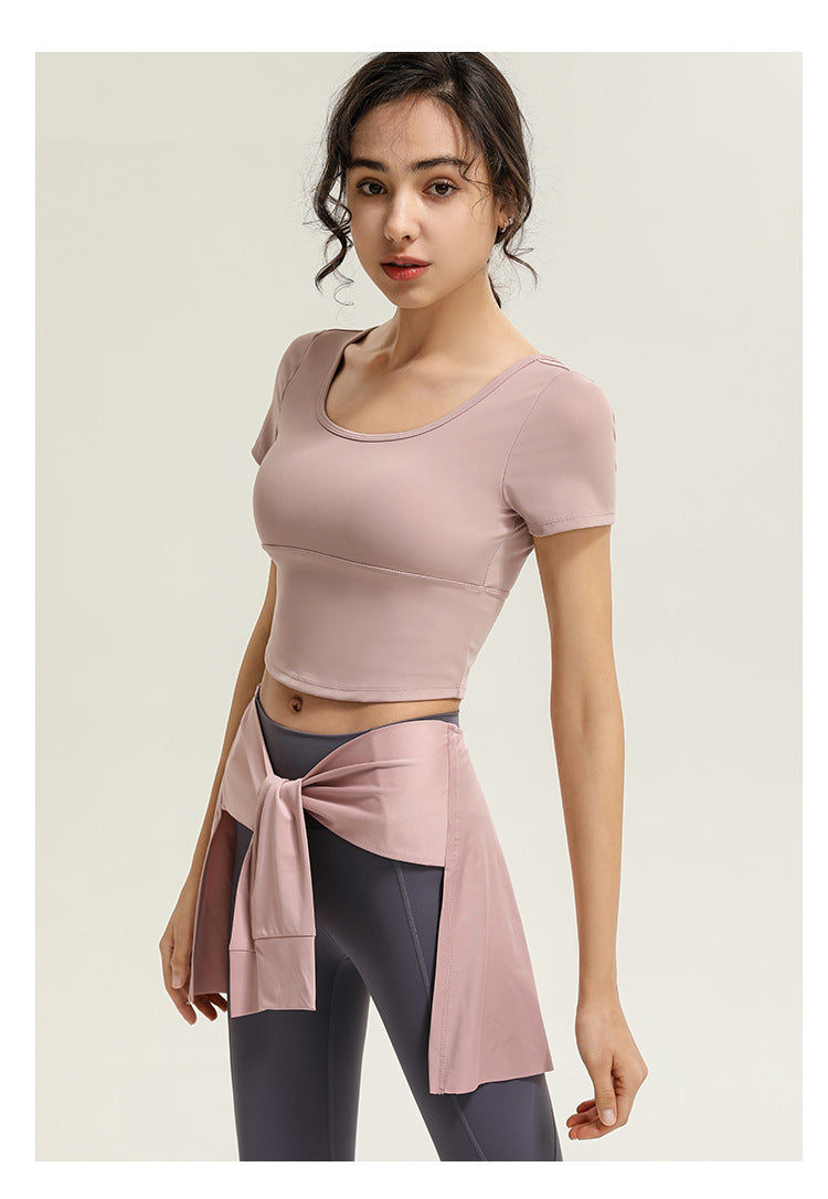 T-shirt de sport à manches courtes pour femme, ceinture de course, coussinets de poitrine, dos croisé, débardeur de yoga, haut de fitness moulant