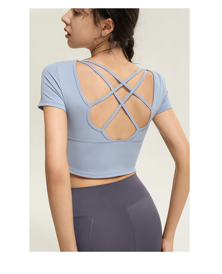 Short Sports Short Sleeved T shirt Women Running Belt Chest Pad Criss Cross Beauty Back Yoga Vest Tight Fitness Top