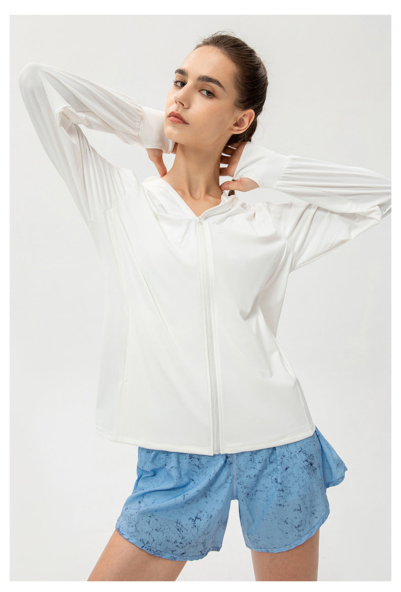Ice Silk Sun Protection Clothing Women Summer Hooded Long Sleeve Outdoor Sports Biking Walking Sun Protection Shirt