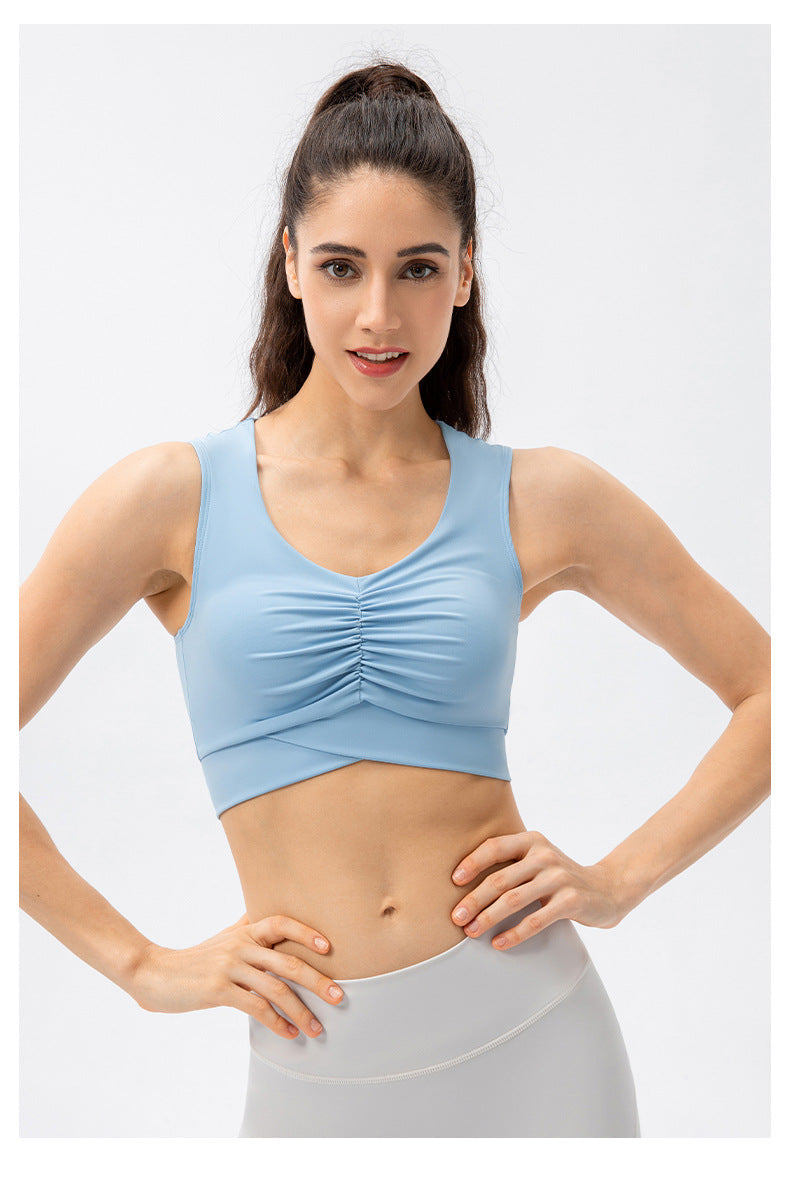 Women High Strength Yoga Bra Shockproof One-Piece Sports Underwear Nude Feel Pleated Fitness Training Vest 22746