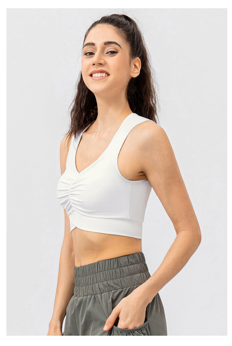 Women High Strength Yoga Bra Shockproof One-Piece Sports Underwear Nude Feel Pleated Fitness Training Vest 22746