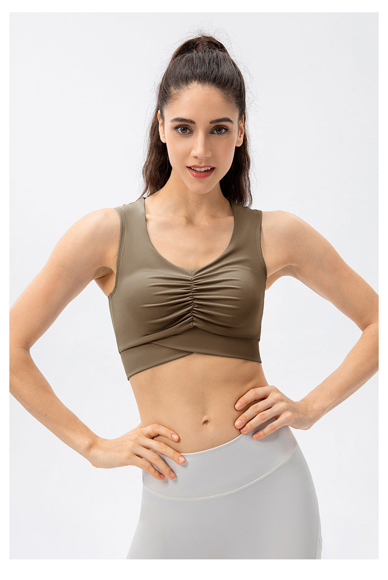 Women High Strength Yoga Bra Shockproof One-Piece Sports Underwear Nude Feel Pleated Fitness Training Vest 22746