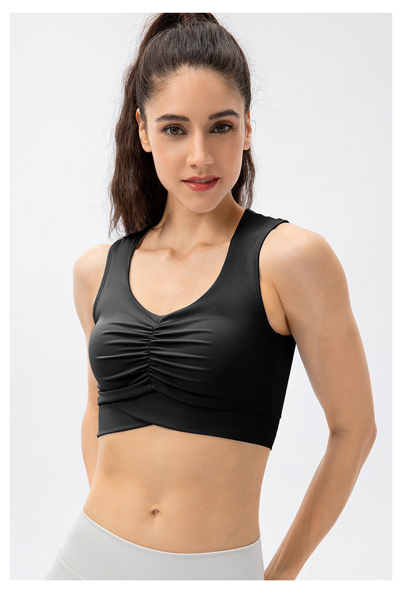 Women High Strength Yoga Bra Shockproof One-Piece Sports Underwear Nude Feel Pleated Fitness Training Vest 22746