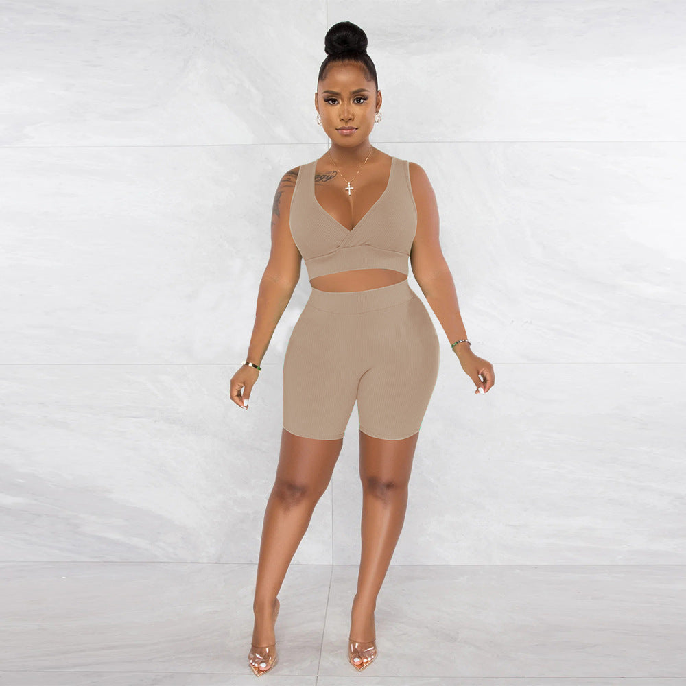 Women Clothing Solid Color V neck Sleeveless Sports Two Piece Set