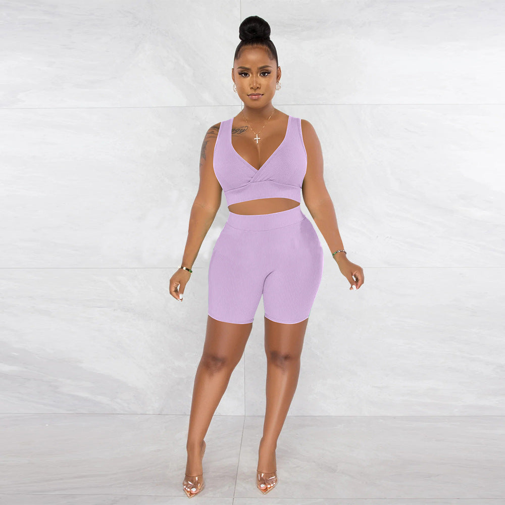 Women Clothing Solid Color V neck Sleeveless Sports Two Piece Set