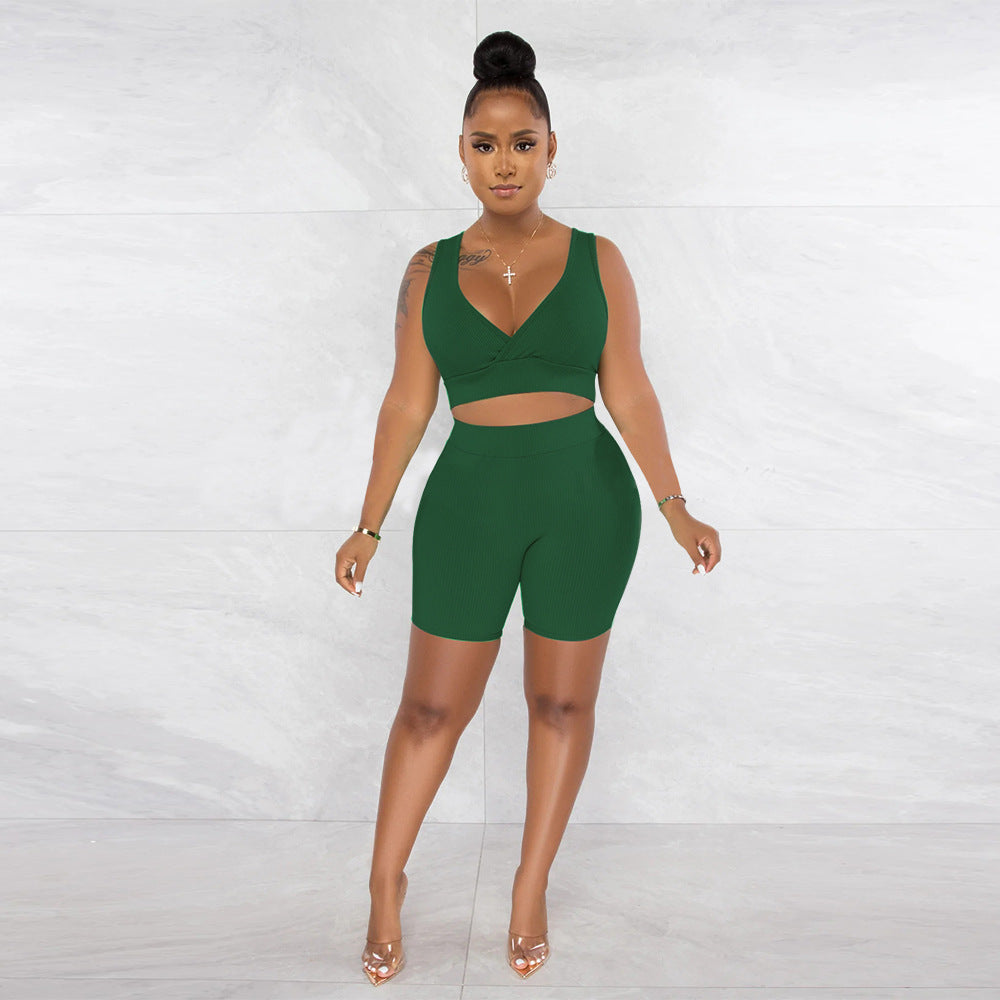 Women Clothing Solid Color V neck Sleeveless Sports Two Piece Set