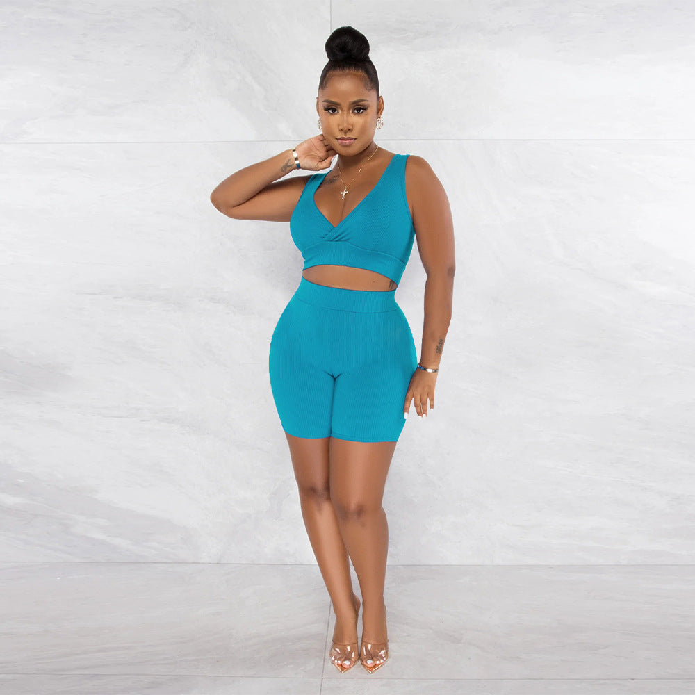 Women Clothing Solid Color V neck Sleeveless Sports Two Piece Set