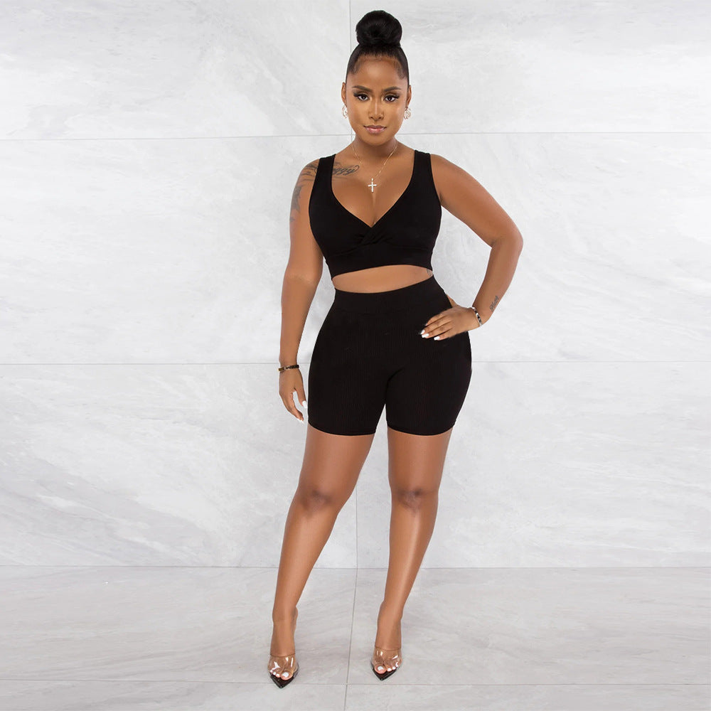 Women Clothing Solid Color V neck Sleeveless Sports Two Piece Set