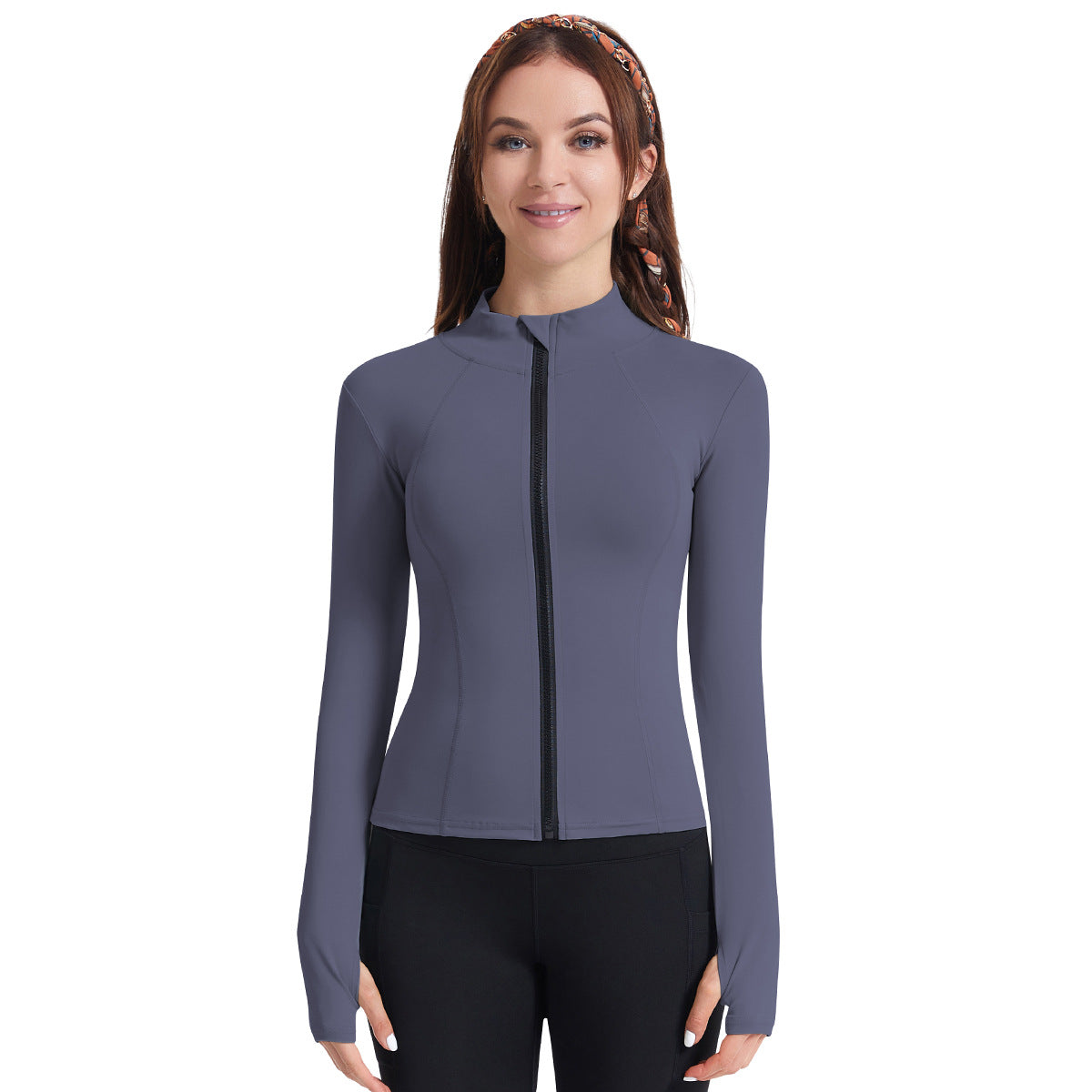 Haut de yoga pour femme avec fermeture éclair aux doigts, idéal pour l'entraînement en extérieur et les activités de plein air.