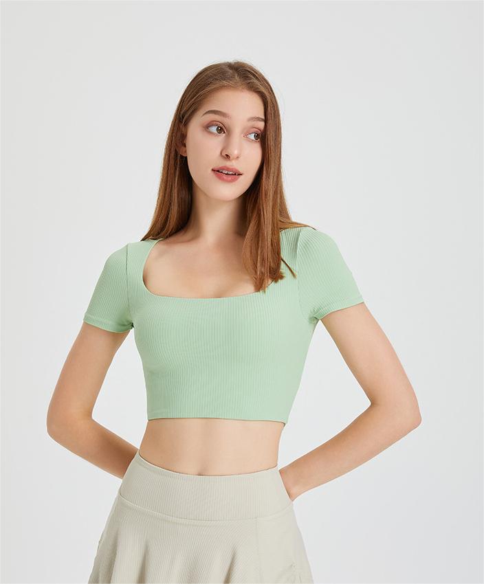 Spring Summer Yoga Clothes with Chest Pad Beauty Back Short Sleeved T shirt Women Slim Fit Nude Feel Sports Top Quick Drying Workout Clothes