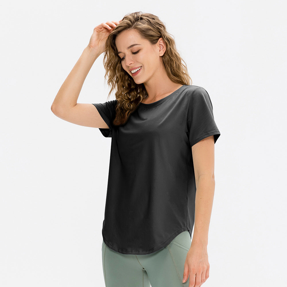 Camiseta deportiva de yoga para mujer, de manga corta, holgada, ligera y transpirable, para correr, ropa de entrenamiento elástica, de secado rápido.