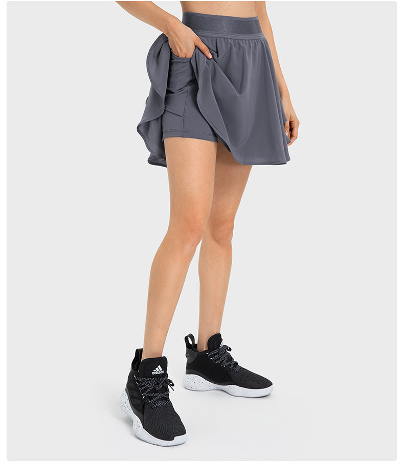 Short de tennis deux pièces pour femme, respirant, à séchage rapide et respirant, avec doublure et poche latérale, protection anti-décoloration.
