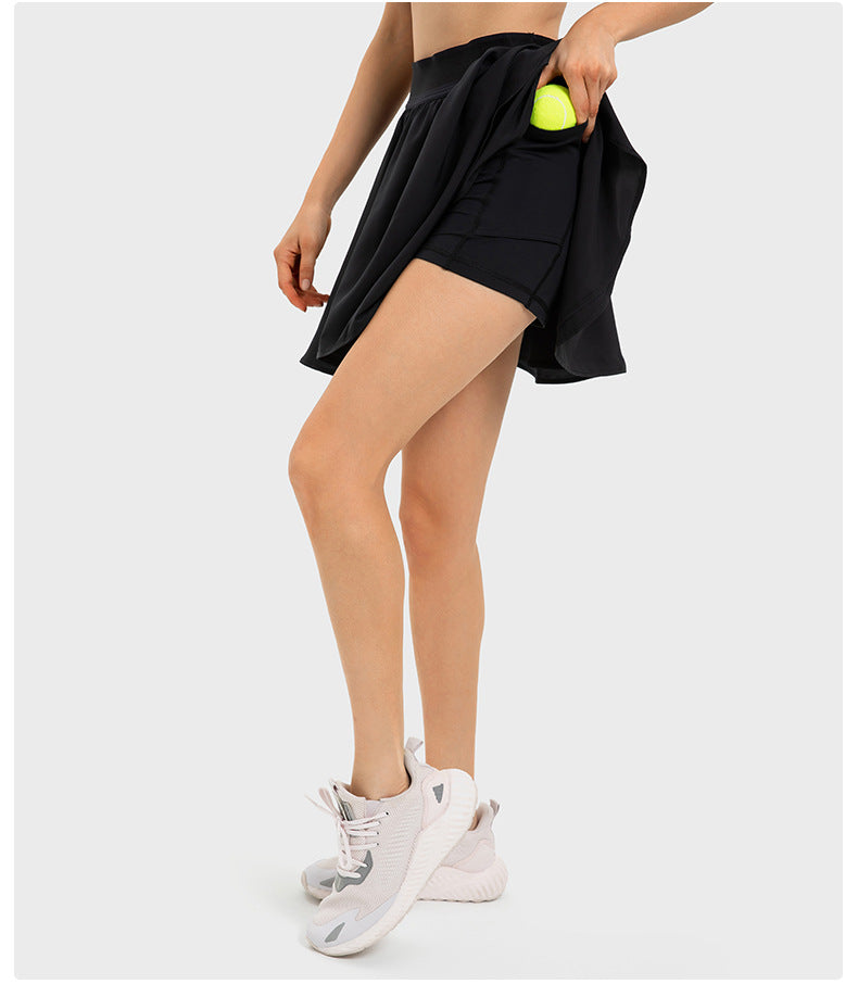 Short de tennis deux pièces pour femme, respirant, à séchage rapide et respirant, avec doublure et poche latérale, protection anti-décoloration.