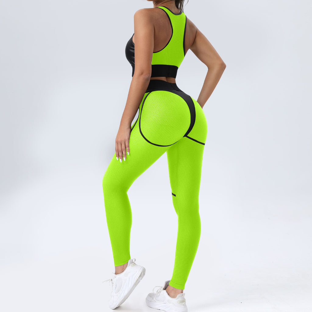 Conjunto de dos piezas de yoga ajustado con parches, sujetador deportivo sexy, pantalones de levantamiento de cadera y fitness