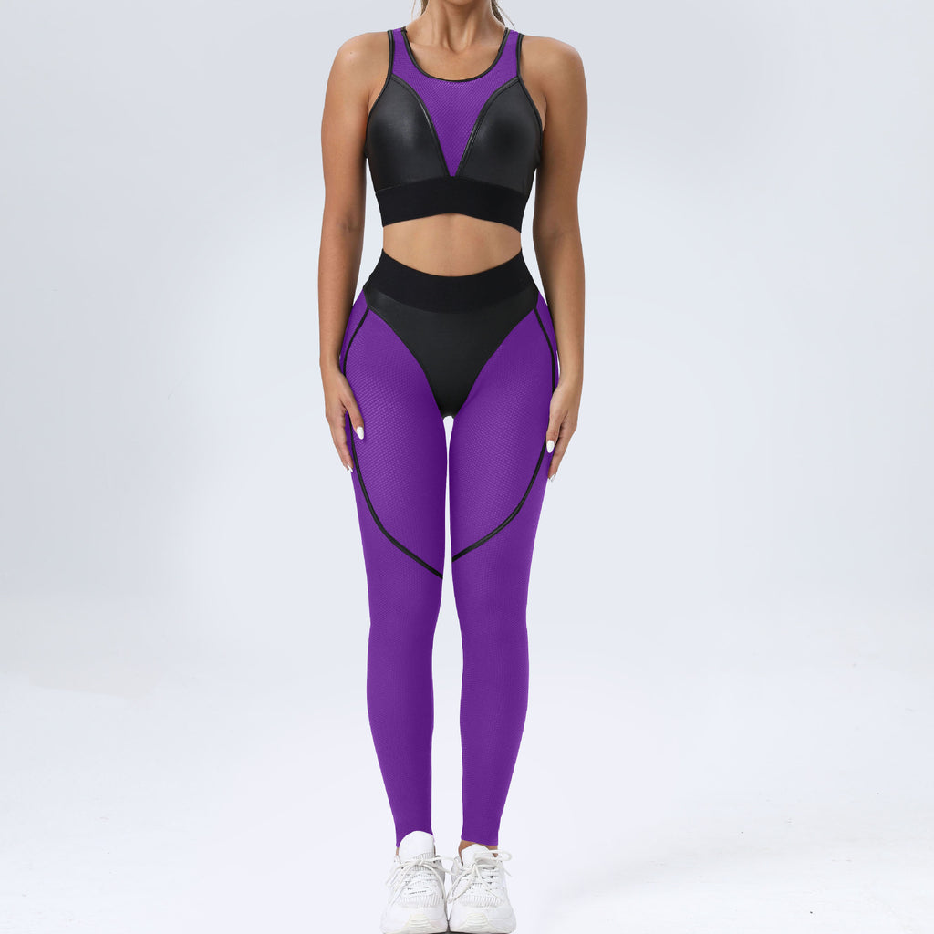 Conjunto de dos piezas de yoga ajustado con parches, sujetador deportivo sexy, pantalones de levantamiento de cadera y fitness