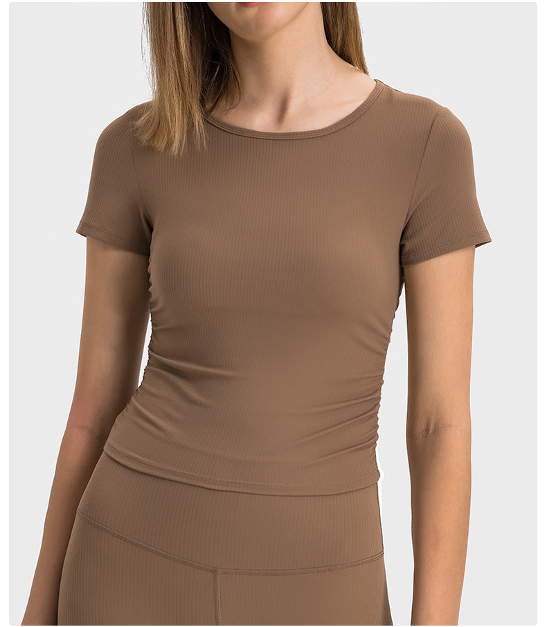 Pleated Waist Slimming Short Sports Short Sleeve High Elastic Nude Feel Slim Fit Slimming Yoga Jacket