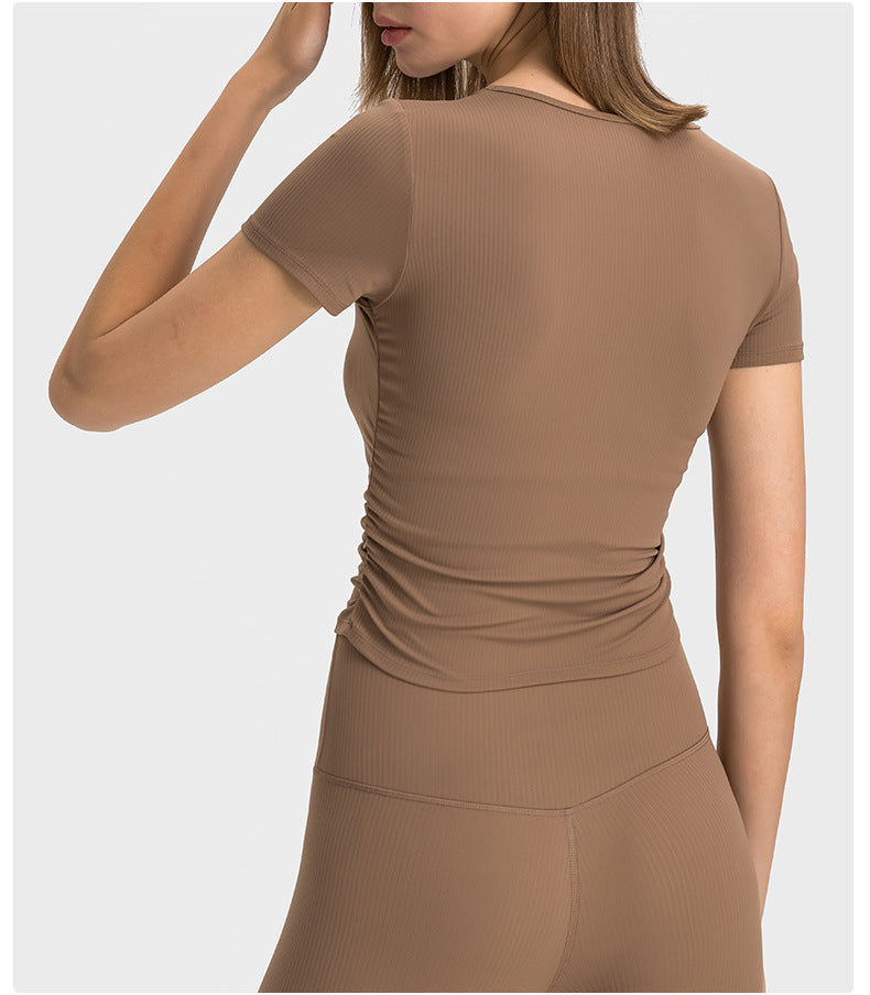 Pleated Waist Slimming Short Sports Short Sleeve High Elastic Nude Feel Slim Fit Slimming Yoga Jacket