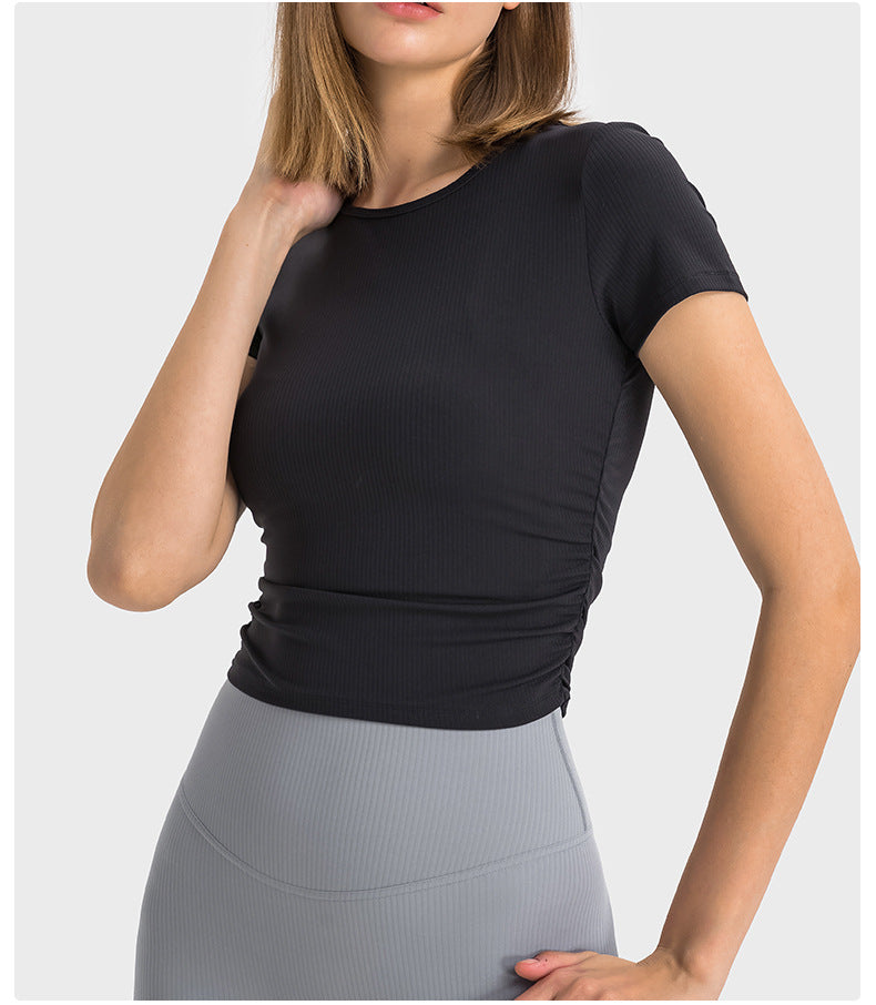 Pleated Waist Slimming Short Sports Short Sleeve High Elastic Nude Feel Slim Fit Slimming Yoga Jacket