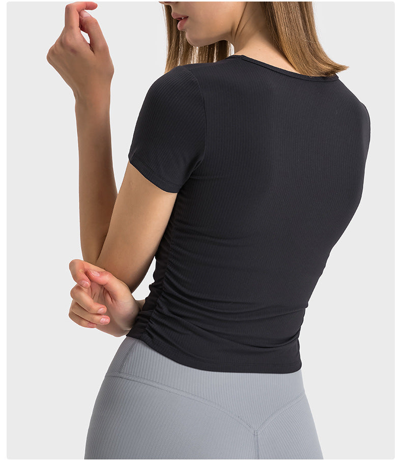 Pleated Waist Slimming Short Sports Short Sleeve High Elastic Nude Feel Slim Fit Slimming Yoga Jacket