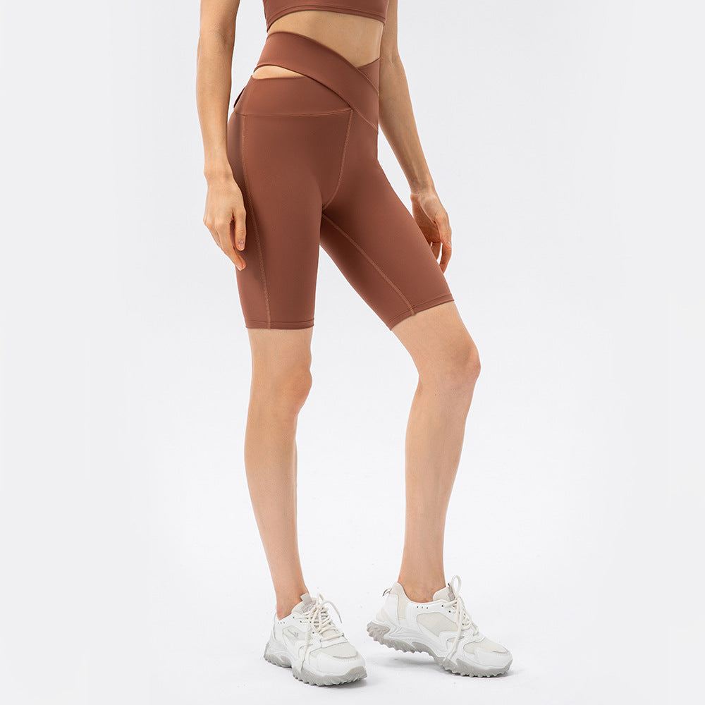 Naked Women Sense Cross High Waist Yoga Shorts No Embarrassment Line Skinny Hip Raise Belly Contracting Sports Shorts Crisscross