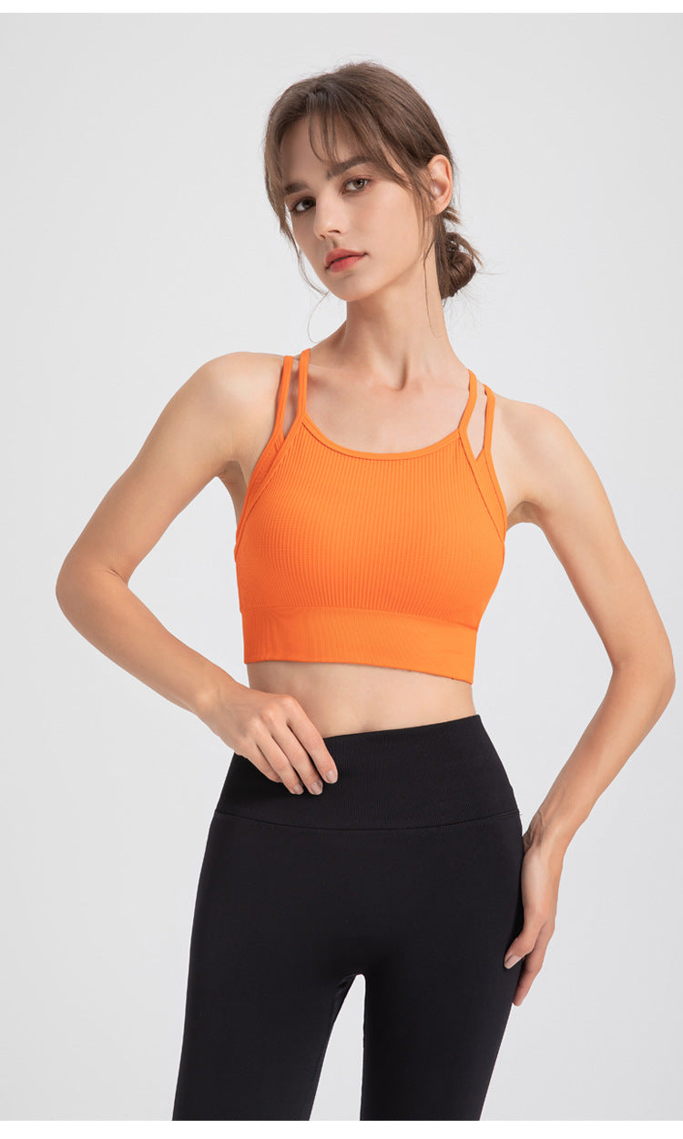 Ropa interior deportiva de dos piezas con tirantes finos y espalda descubierta para mujer, a prueba de golpes, para correr, yoga, entrenamiento, sujetador y chaleco