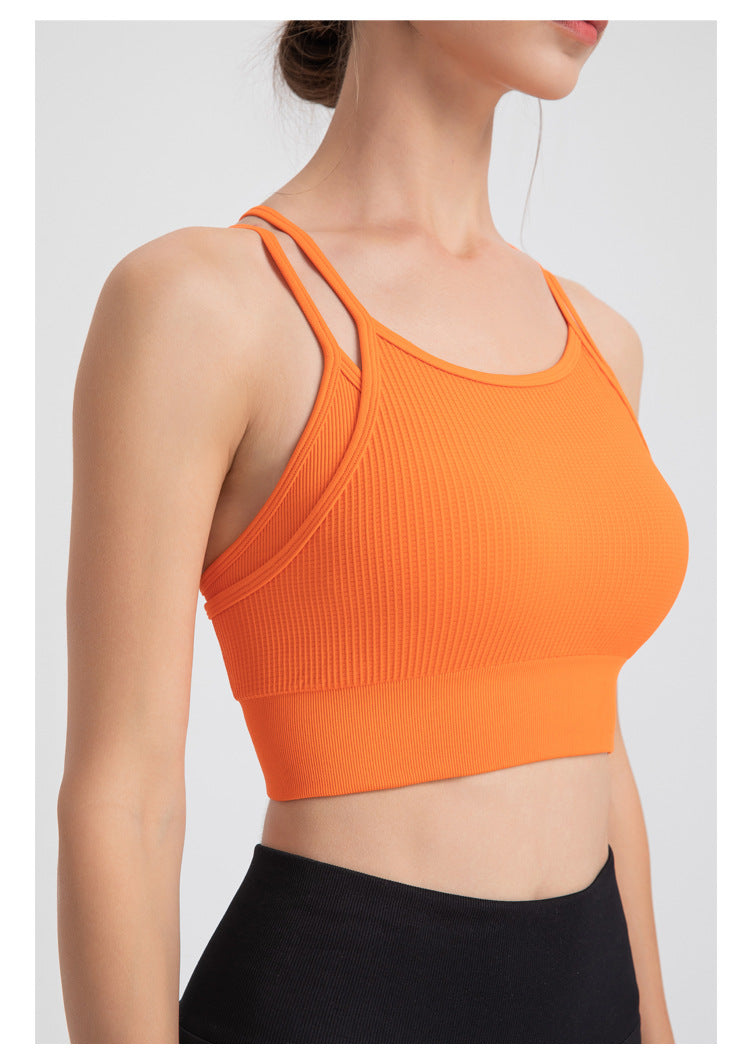Ropa interior deportiva de dos piezas con tirantes finos y espalda descubierta para mujer, a prueba de golpes, para correr, yoga, entrenamiento, sujetador y chaleco