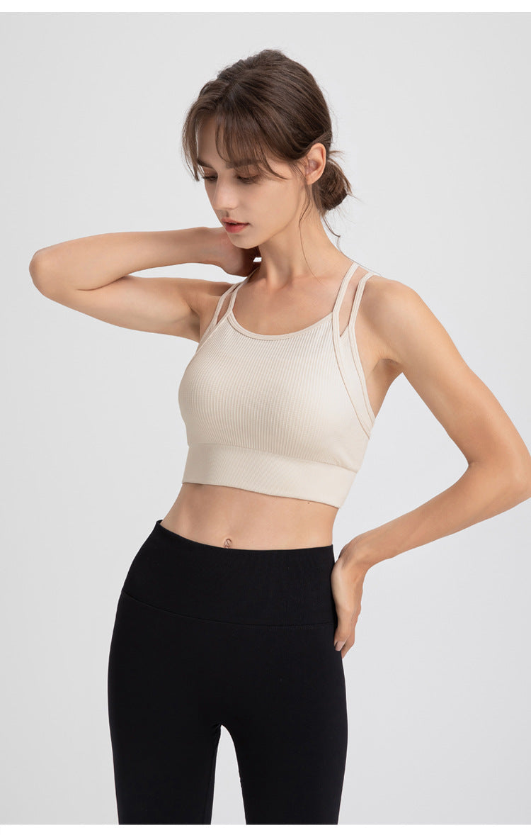 Ropa interior deportiva de dos piezas con tirantes finos y espalda descubierta para mujer, a prueba de golpes, para correr, yoga, entrenamiento, sujetador y chaleco