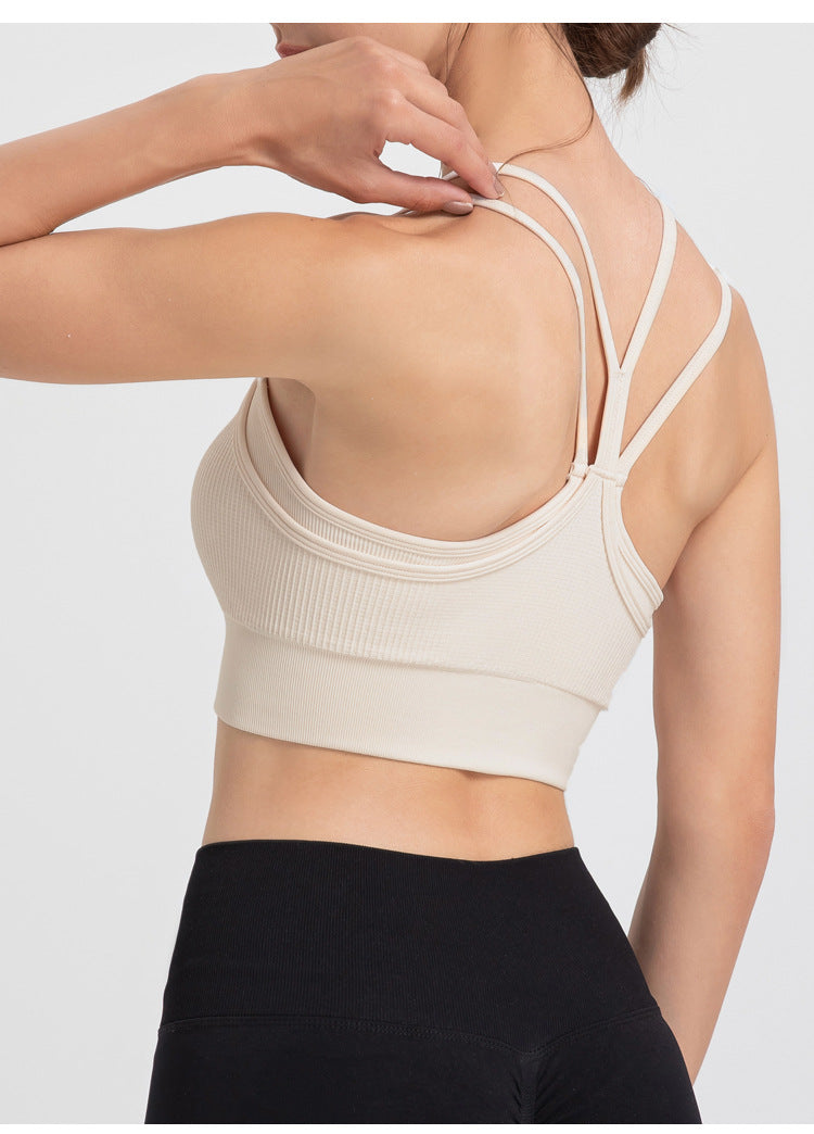 Ropa interior deportiva de dos piezas con tirantes finos y espalda descubierta para mujer, a prueba de golpes, para correr, yoga, entrenamiento, sujetador y chaleco
