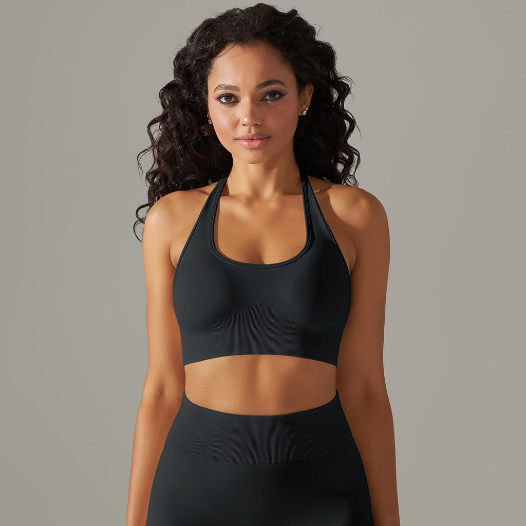 Sujetador deportivo sin costuras con cuello halter para mujer, para correr, fitness, deportes, yoga, parte superior fija