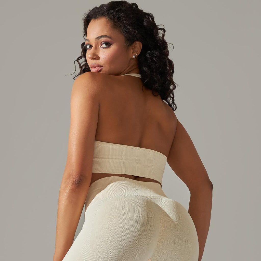 Sujetador deportivo sin costuras con cuello halter para mujer, para correr, fitness, deportes, yoga, parte superior fija