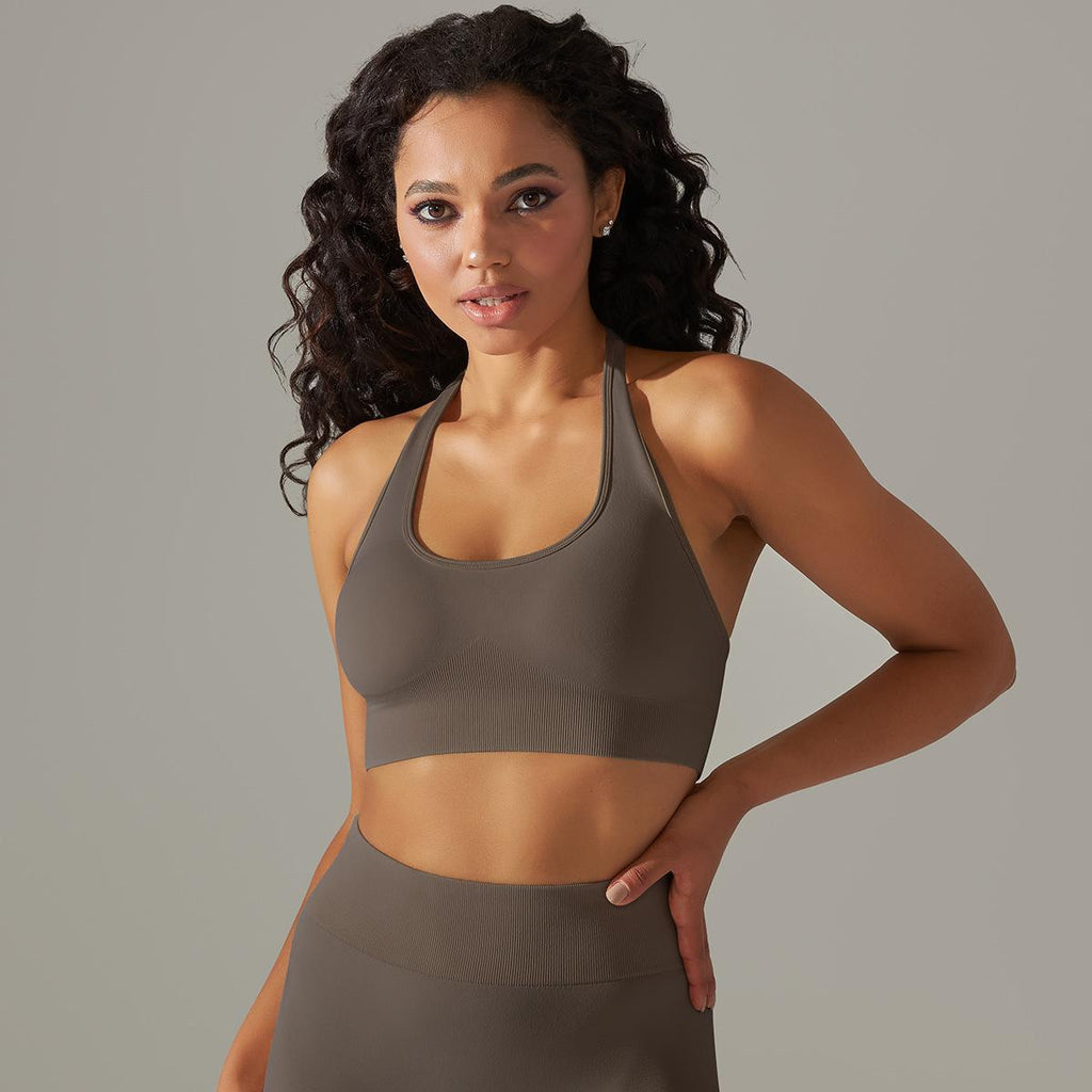 Sujetador deportivo sin costuras con cuello halter para mujer, para correr, fitness, deportes, yoga, parte superior fija
