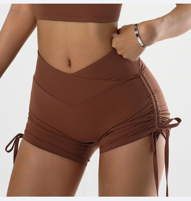Summer Pleated V Shaped High Waist Tight Hip Tied Slim Fit Stretch Yoga Workout Shorts