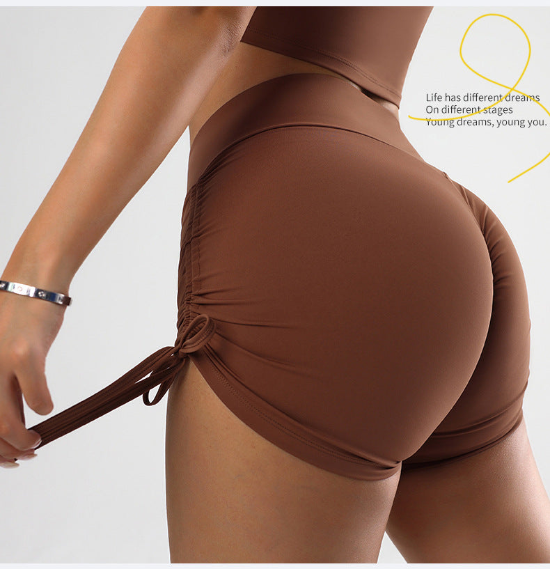 Summer Pleated V Shaped High Waist Tight Hip Tied Slim Fit Stretch Yoga Workout Shorts