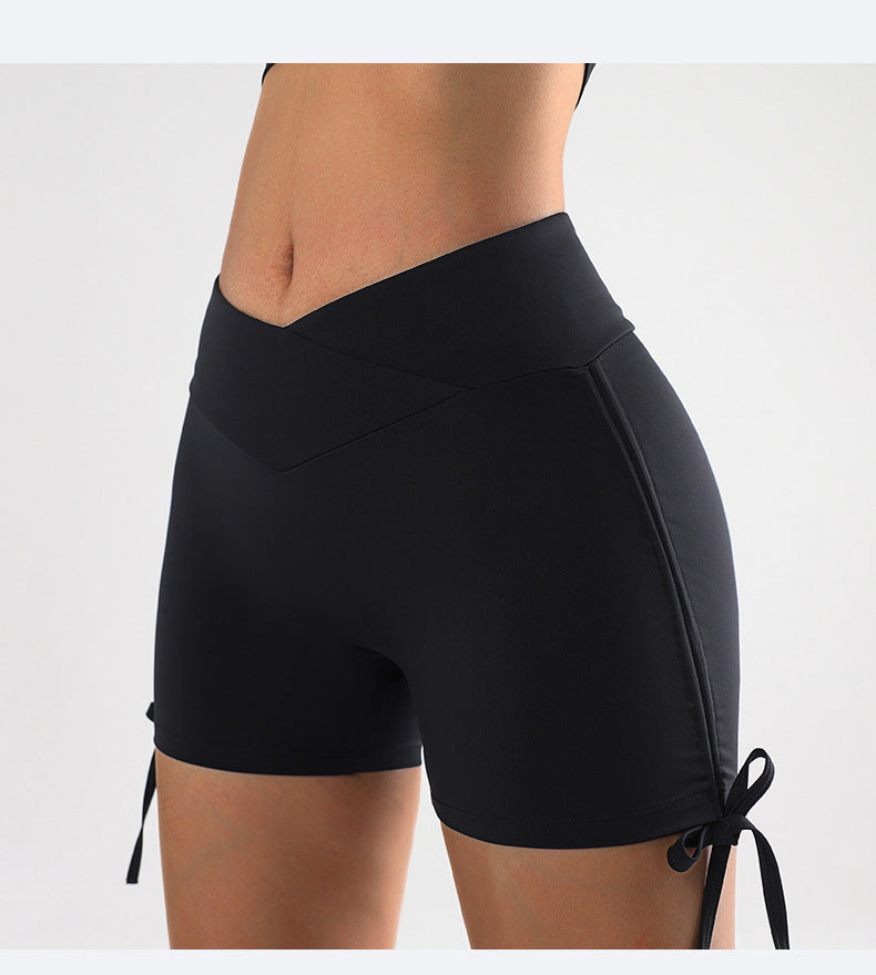 Summer Pleated V Shaped High Waist Tight Hip Tied Slim Fit Stretch Yoga Workout Shorts