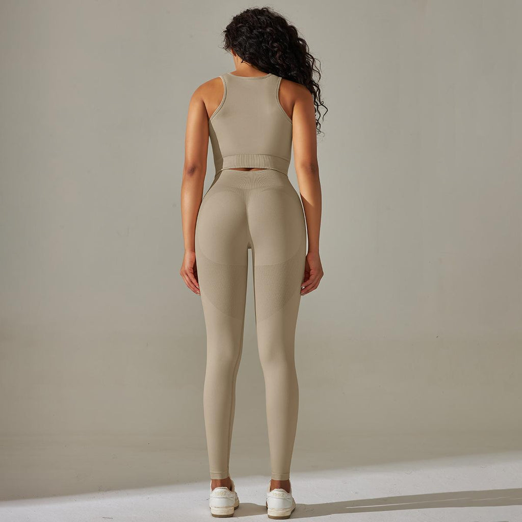 Traje de yoga de cintura alta de color sólido con almohadilla para el pecho, sujetador transpirable, chaleco, pantalones ajustados, traje de fitness