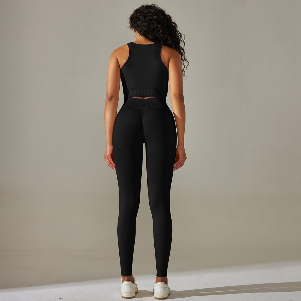 Traje de yoga de cintura alta de color sólido con almohadilla para el pecho, sujetador transpirable, chaleco, pantalones ajustados, traje de fitness