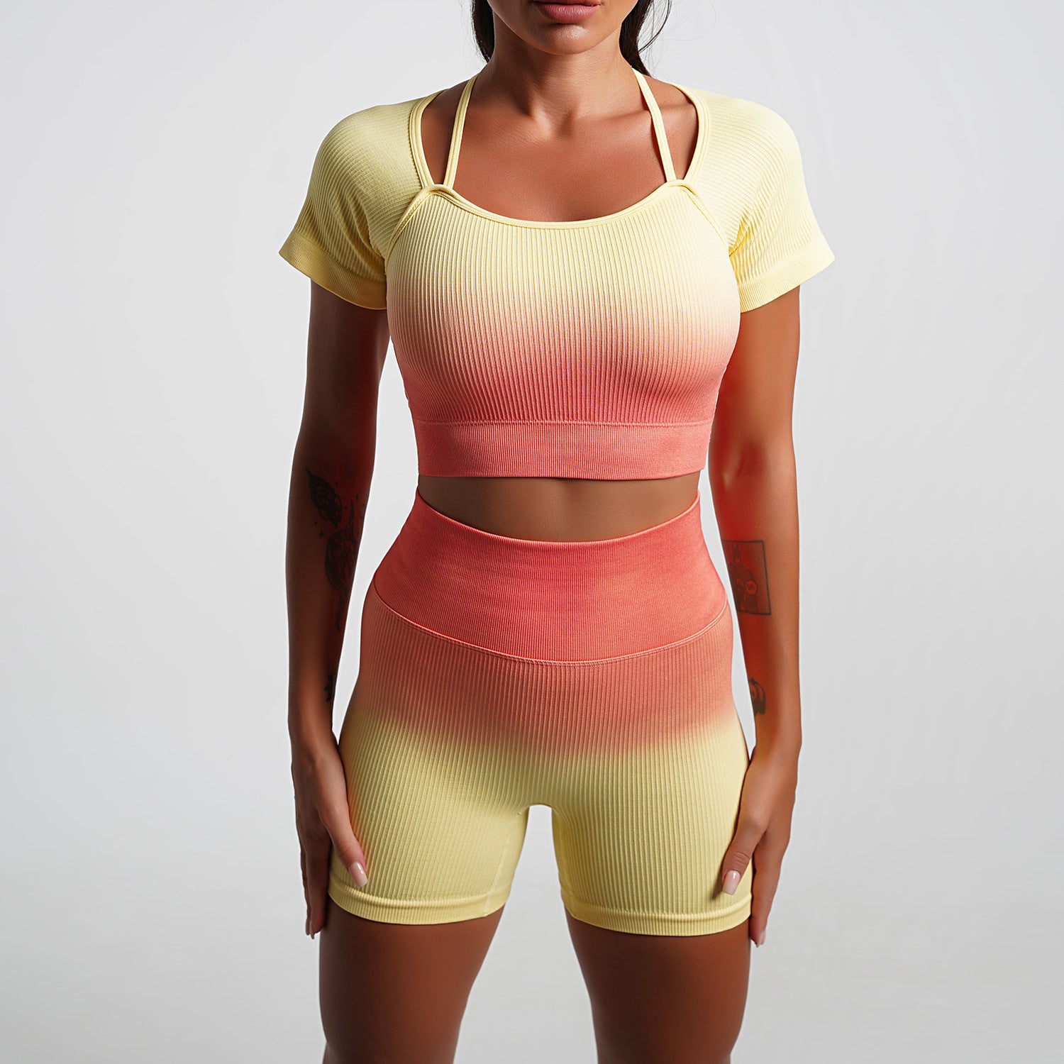 Summer Gradient Women Clothing Yoga T shirt Short Sleeved Sports Shorts Tight Cropped Stretch Two Piece Set Women