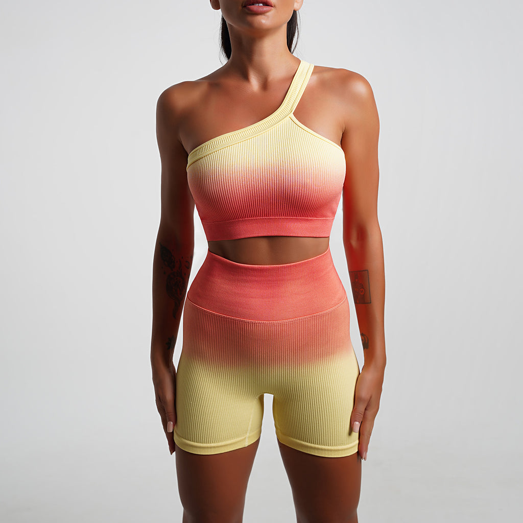 Summer Gradient Women Clothing Yoga T shirt Short Sleeved Sports Shorts Tight Cropped Stretch Two Piece Set Women