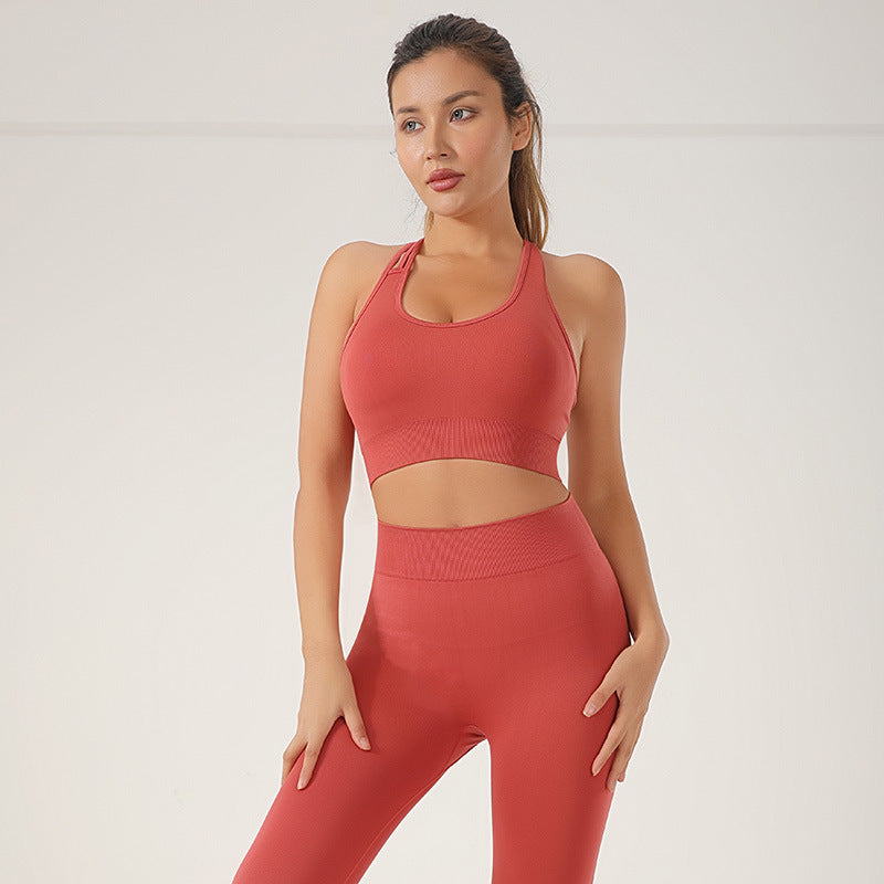 Conjunto de dos piezas de sujetador deportivo con amortiguación y pantalones de cintura alta para yoga, sexy, tejido sin costuras