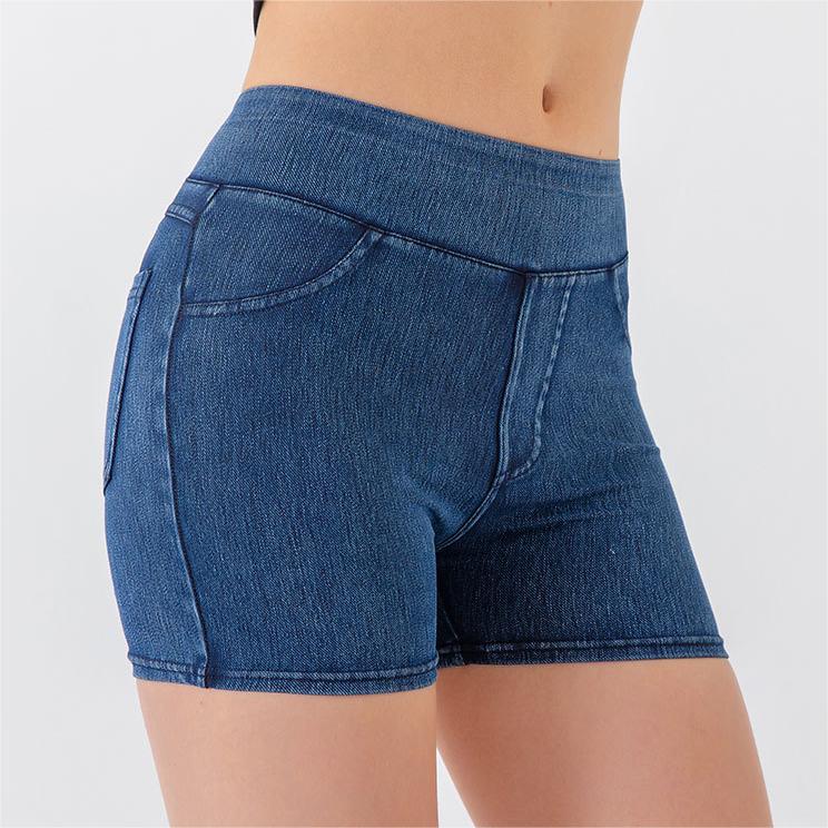 Summer High Waist Hip Lift Yoga Denim Shorts Women Stretchy Slim Fit Belly Contracting Sports Outerwear Fitness Shorts
