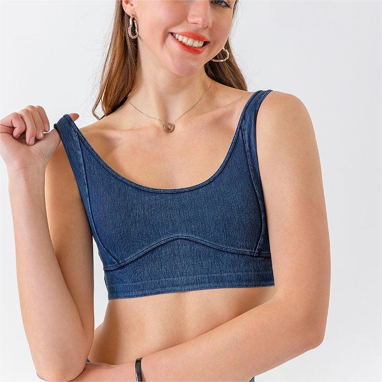 Denim Yoga Sports Underwear Women Tight Stretch High Strength Shockproof Push Up Workout Bra