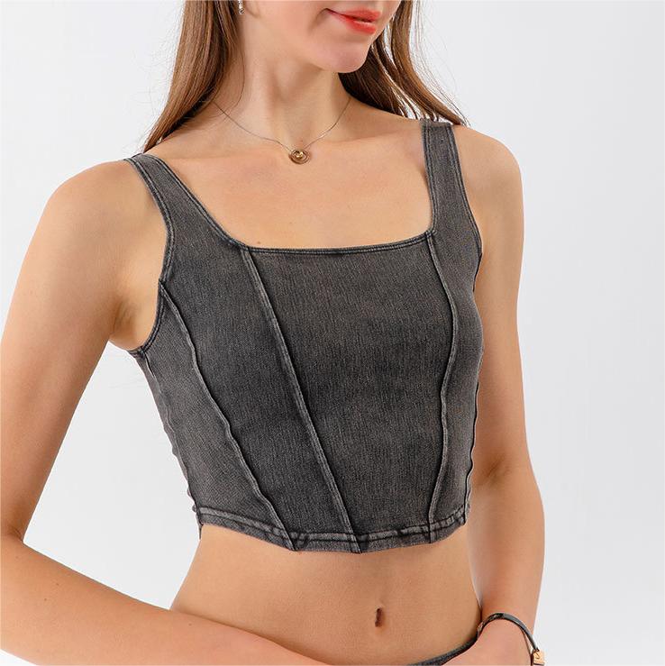 Denim Yoga Exercise Vest Women's U-Shaped Elastic Slimming Beauty Back Outer Wear Quick-Drying Workout Top