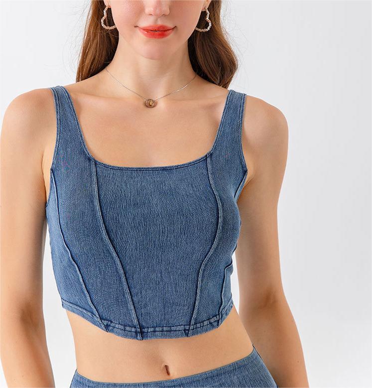Denim Yoga Exercise Vest Women's U-Shaped Elastic Slimming Beauty Back Outer Wear Quick-Drying Workout Top