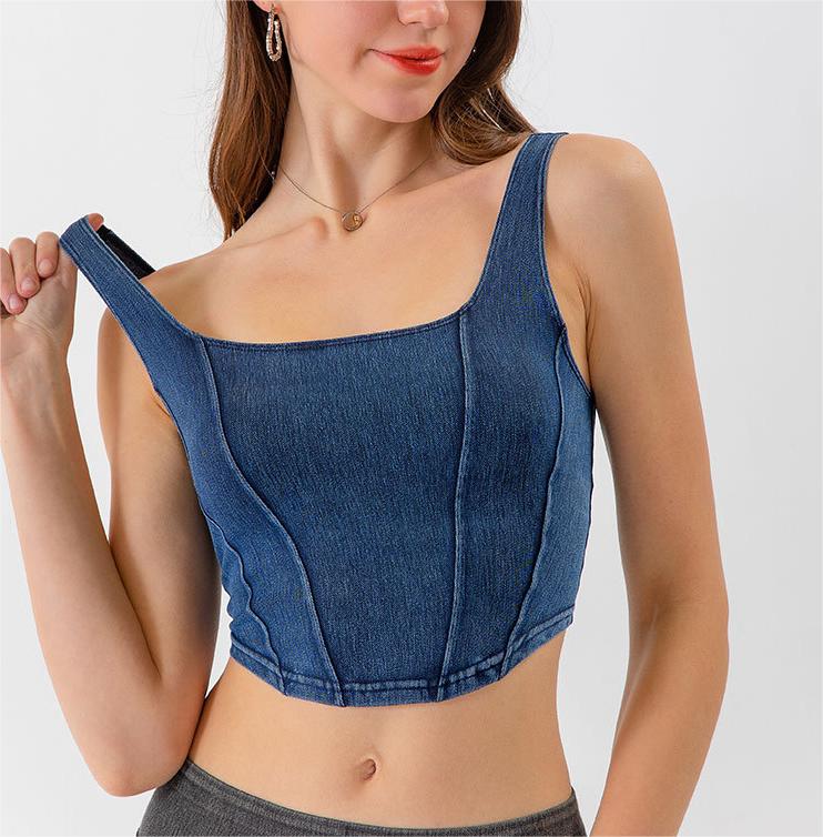 Denim Yoga Exercise Vest Women's U-Shaped Elastic Slimming Beauty Back Outer Wear Quick-Drying Workout Top